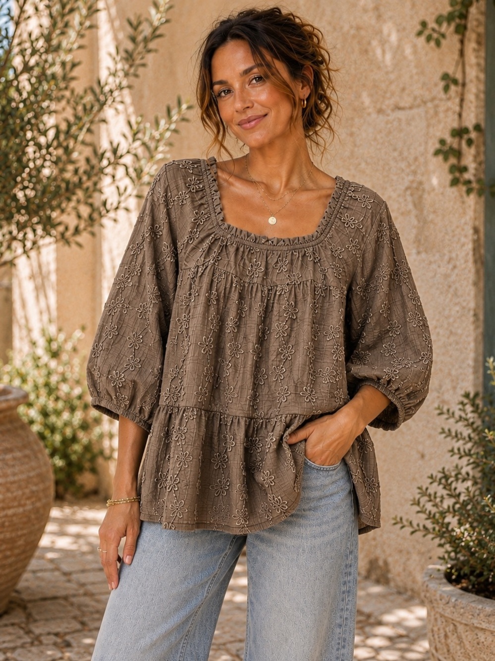 Textured Chenille Floral Peplum Blouse | Oversized Taupe